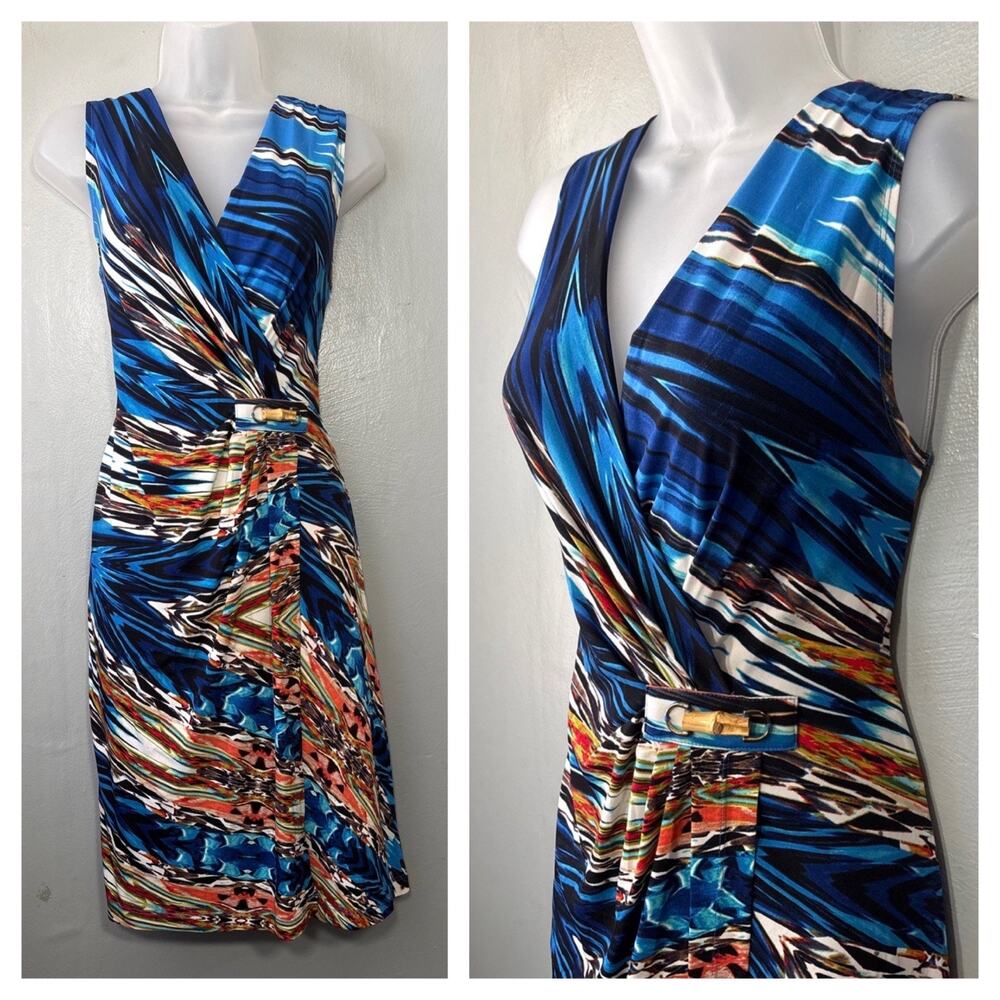 Robbie Bee Sleeveless Dress Size Medium Earthy Faux Wrap Bamboo Tribal Artsy
